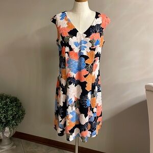 LONDON TIMES women’s floral shift dress sleeveless V neckline zipper back 14W